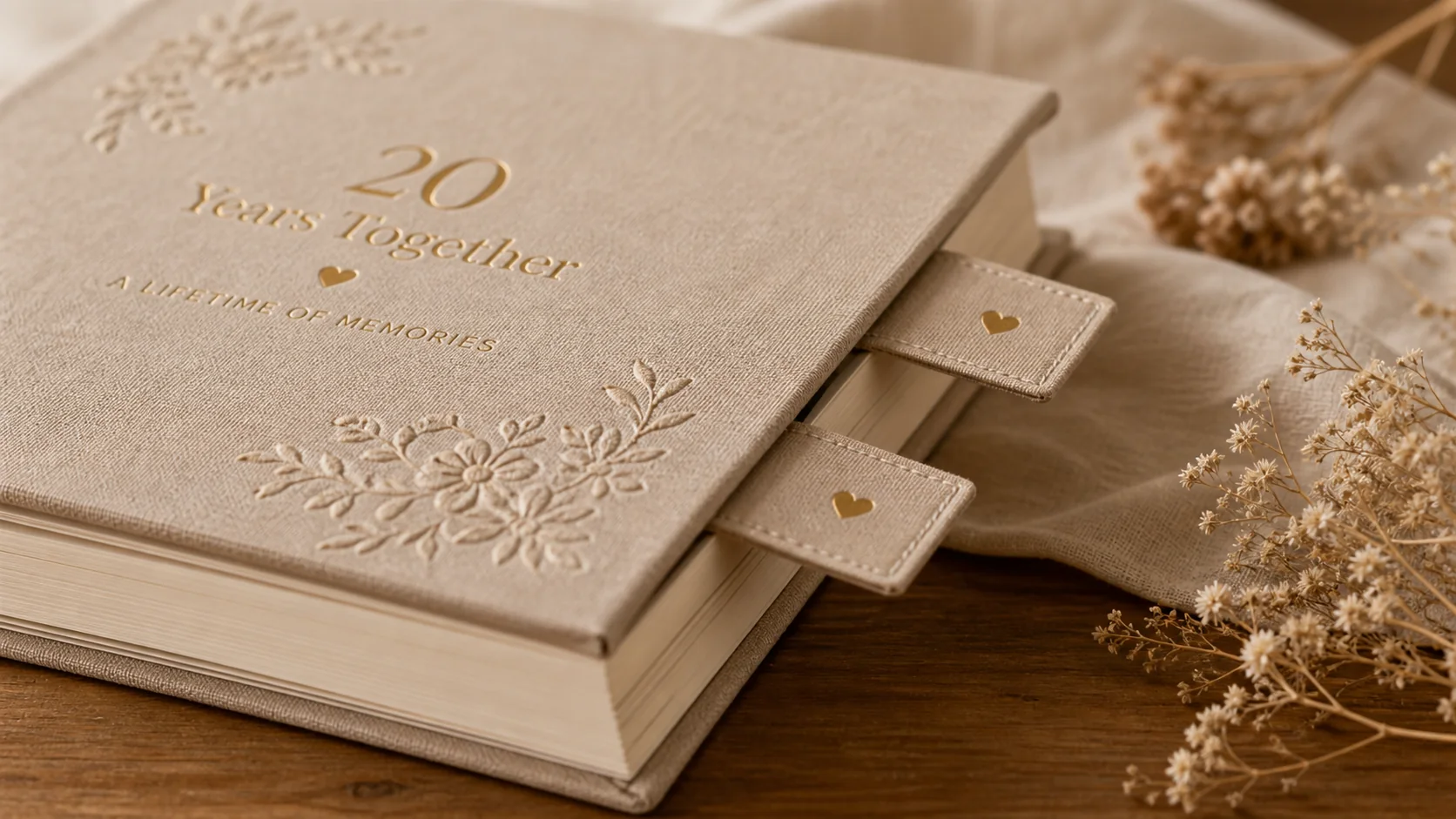 Close-up of beige linen album cover with hidden video pull tabs