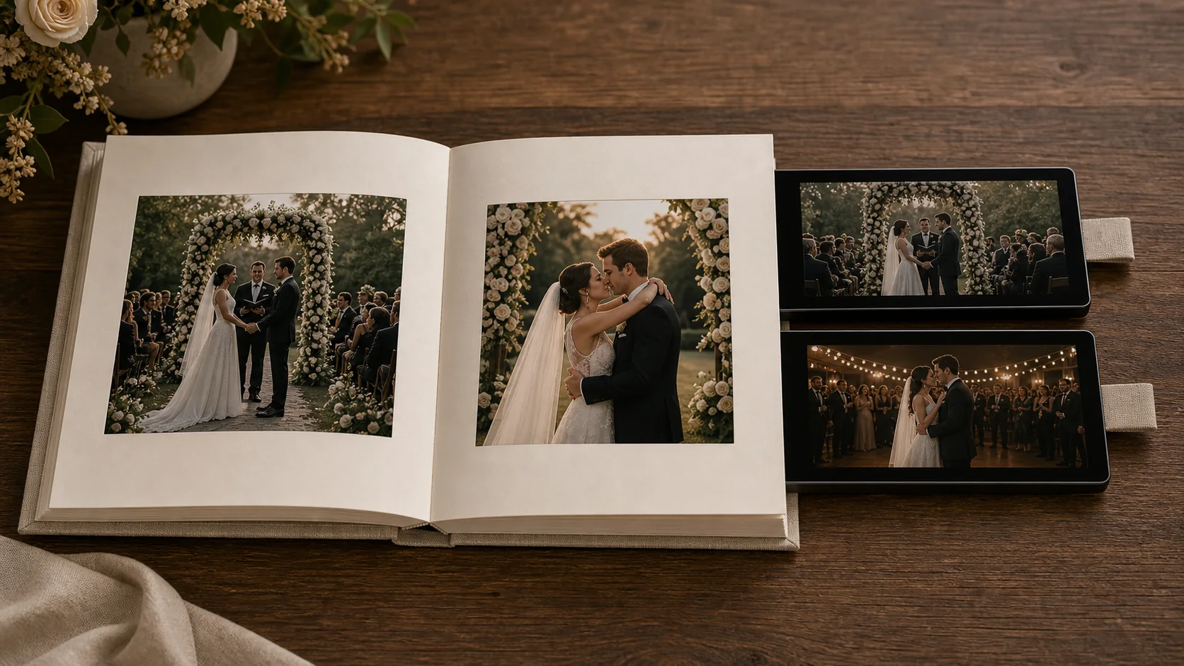 Open wedding album with printed pages and two pulled-out video tablets